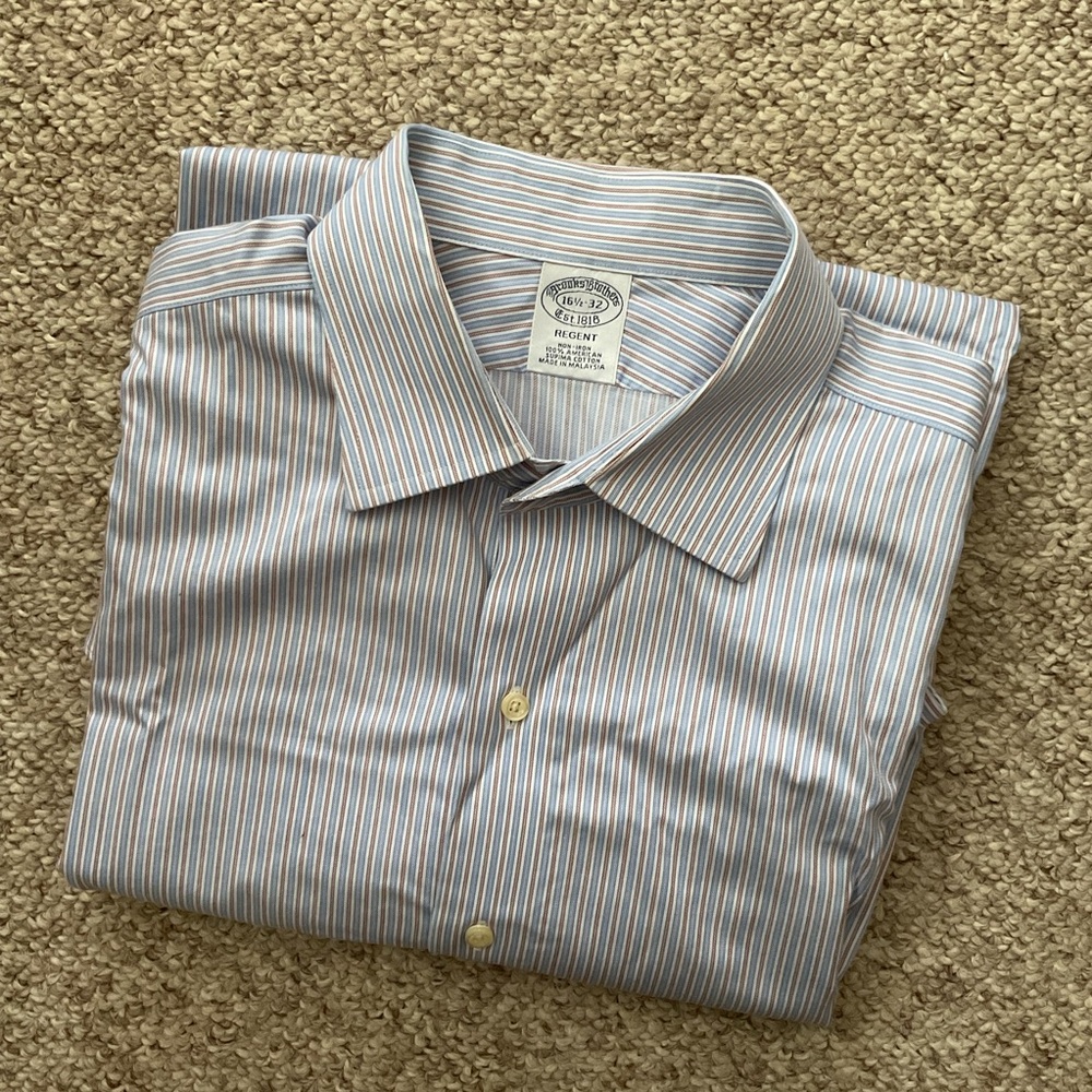 Brooks Brothers Mens Non Iron Regent Dress Shirt 16.5 - 32 Blue/red Stripe